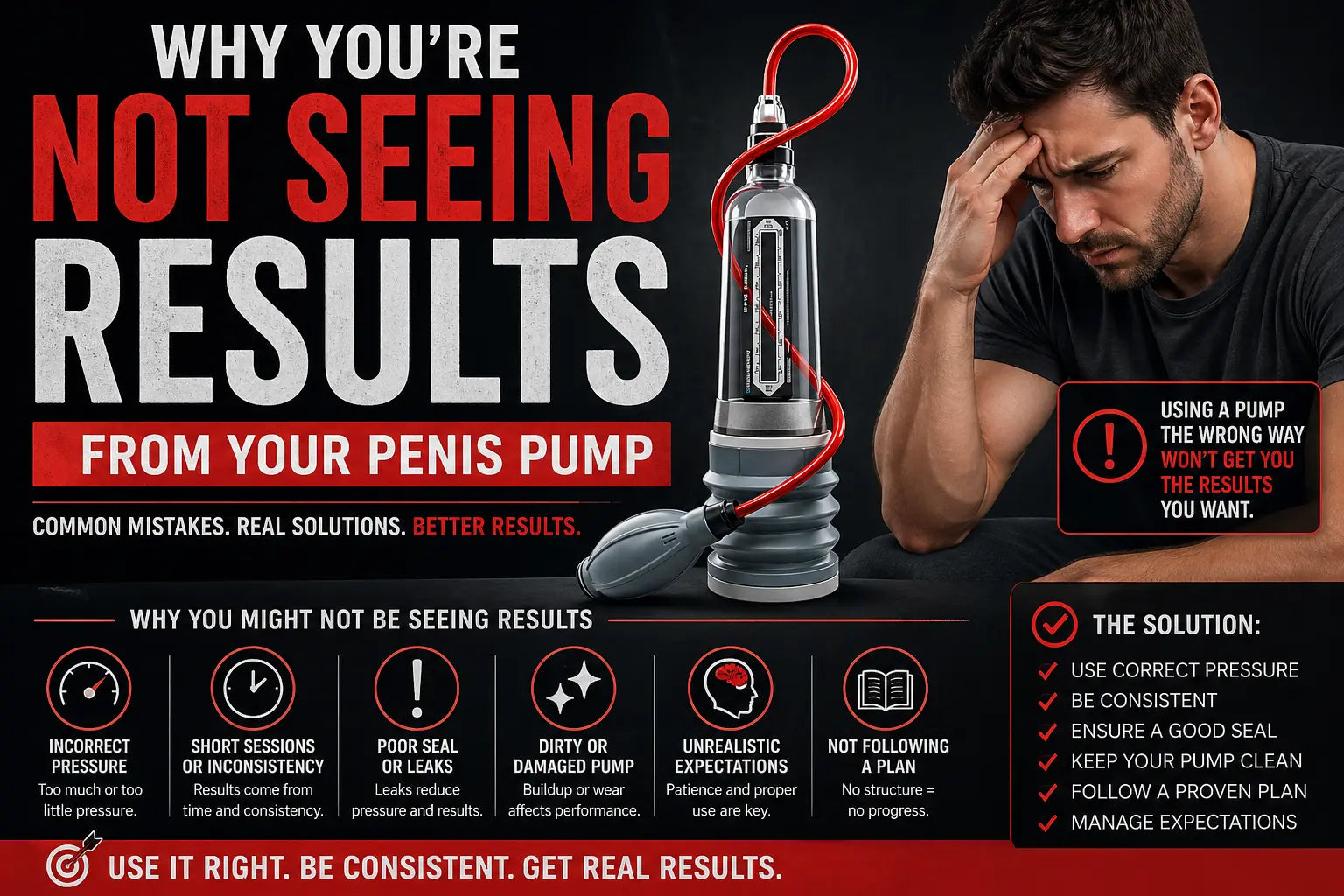 Why you’re not seeing results from your penis pump, Bathmate pump with handball and man looking frustrated highlighting common mistakes and solutions