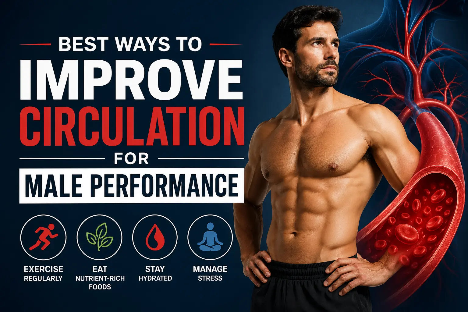 Best ways to improve circulation for male performance, fit man beside artery blood flow illustration, exercise nutrition hydration and stress management icons