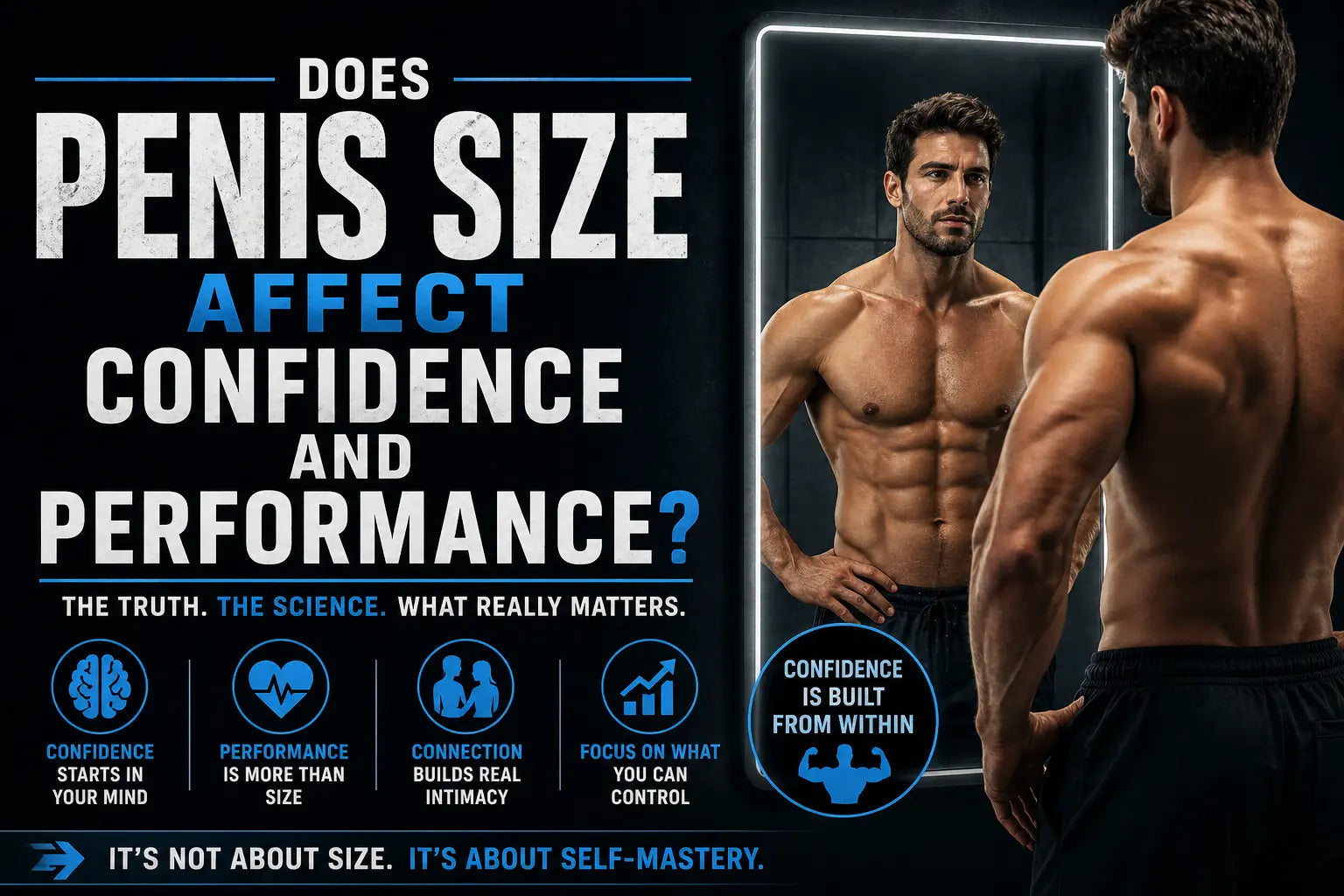 Does penis size affect confidence and performance, man looking in mirror with confident physique highlighting mindset and self confidence