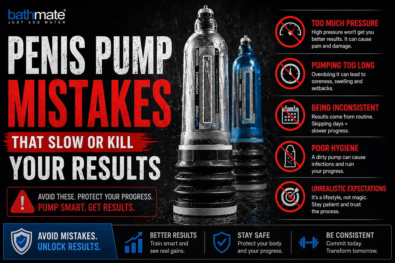 Penis pump mistakes that slow or kill results showing Bathmate pump with common errors like too much pressure and inconsistent use