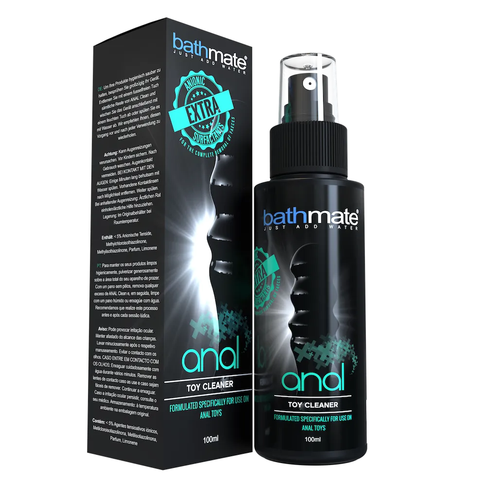 Bathmate anal toy cleaner packaging and bottle on a white background