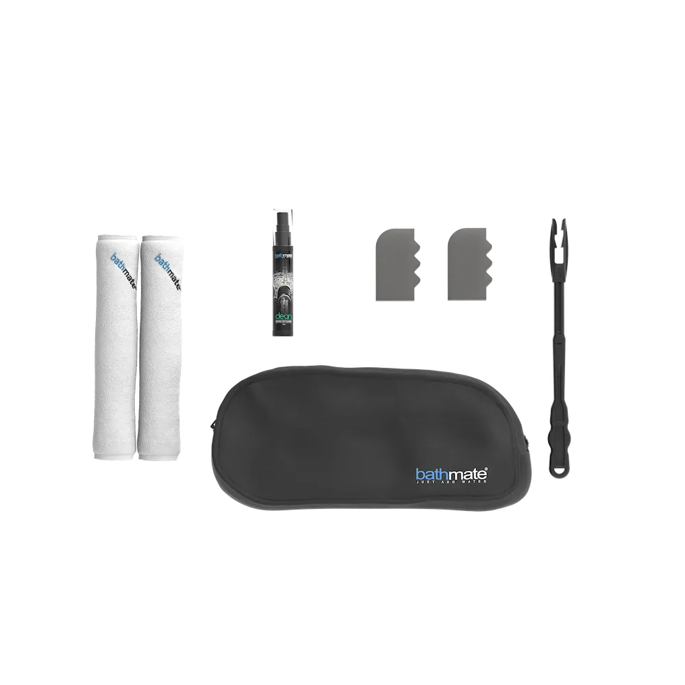 Bathmate cleaning kit including bbahtmate clean, a case, cleaning brush adn pads, and towels