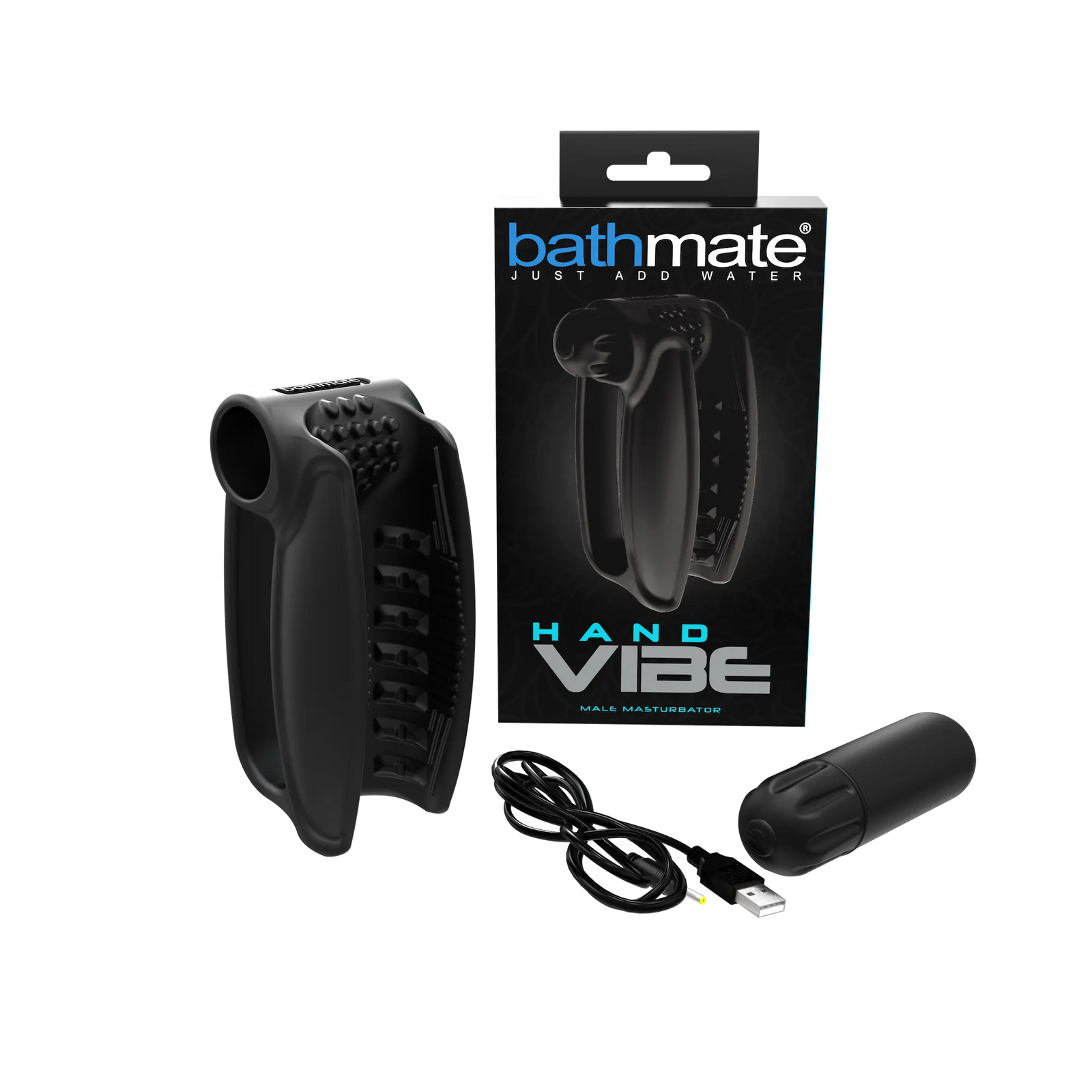 Bathmate Hand Vibe with packaging and USB cable on a white background