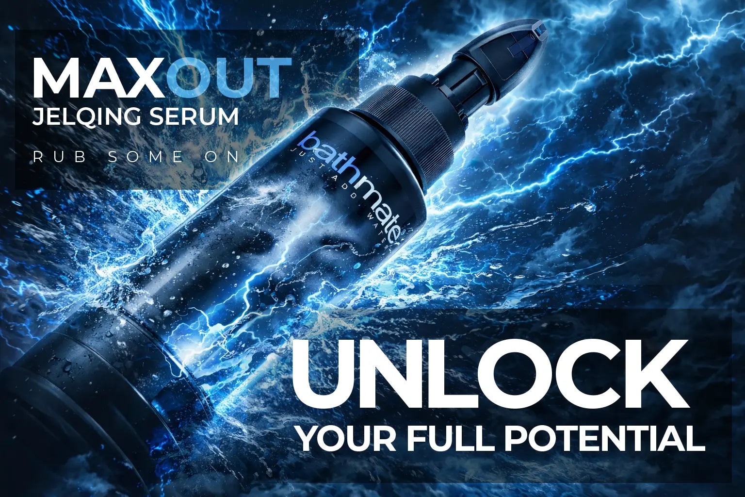 Bottle of Bathmate Maxout jelqing serum with blue energy effect and text on a dark background