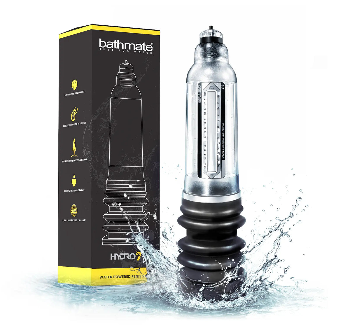 Bathmate Hydro7 product with water splash with packaging on a white background
